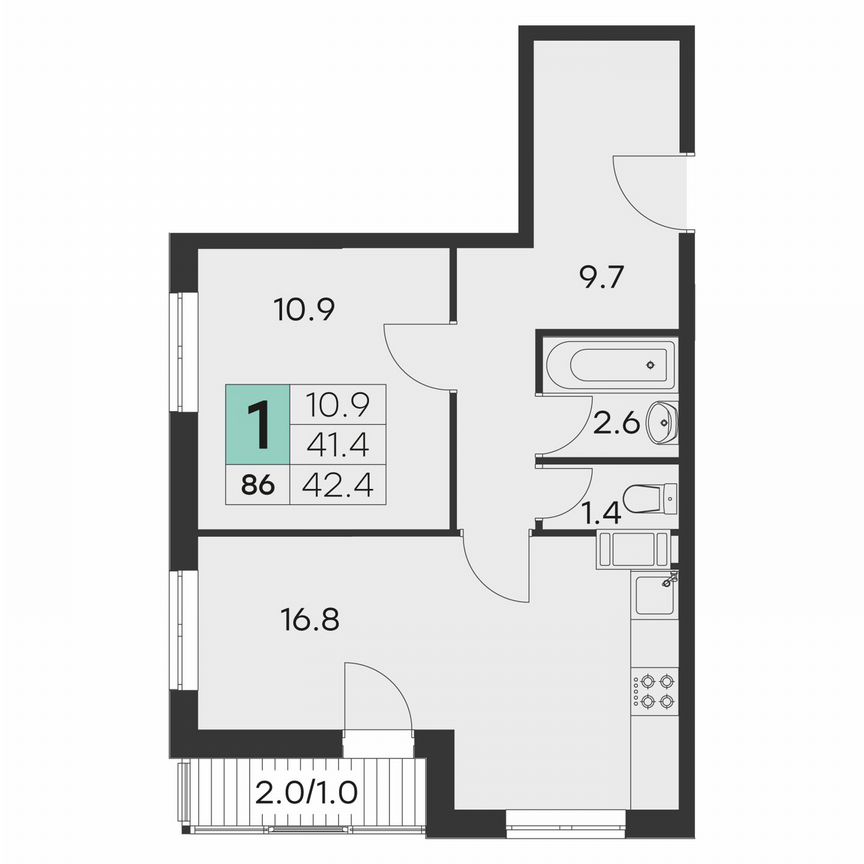 1-к. квартира, 42,4 м², 7/9 эт.
