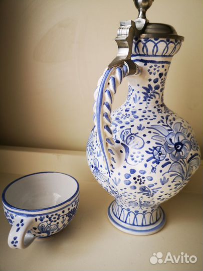 Кувшин И Чашка Керамическая Синяя Живопись