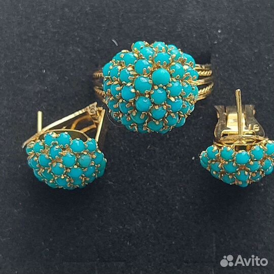 Золотой набор из серёг и кольца с бирюзой