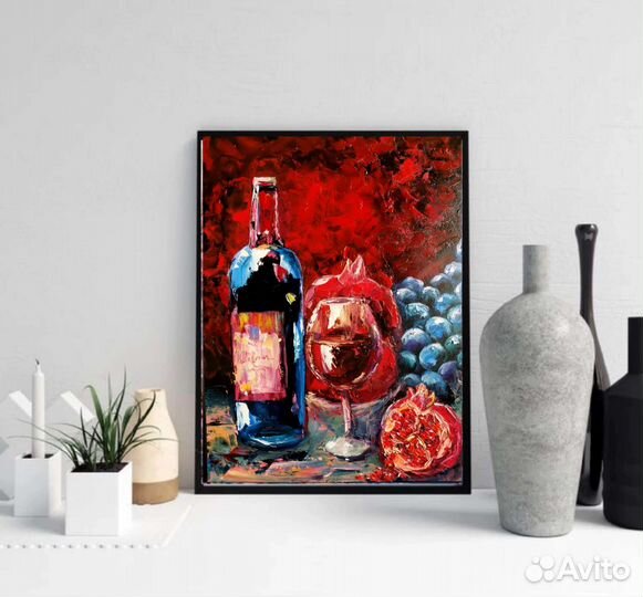 Натюрморт маслом, с вином и фруктами