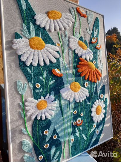 Картина панно ручная ковровая вышивка ромашки