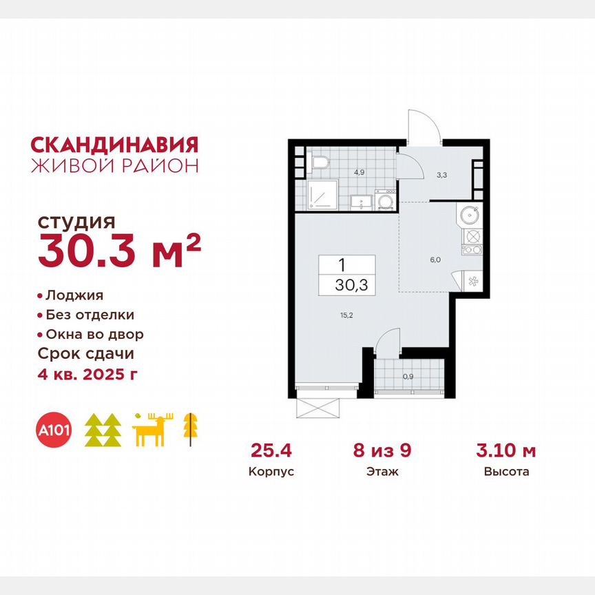 Квартира-студия, 30,3 м², 8/9 эт.