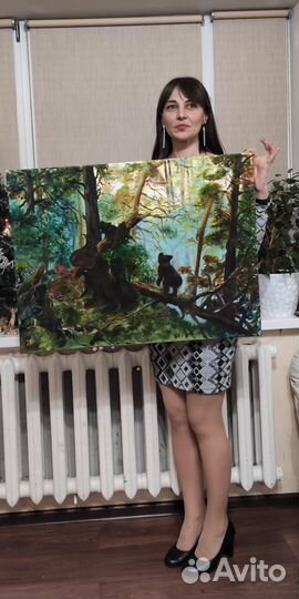 Картина маслом, лес, сосны, река, поляна, мишки, б