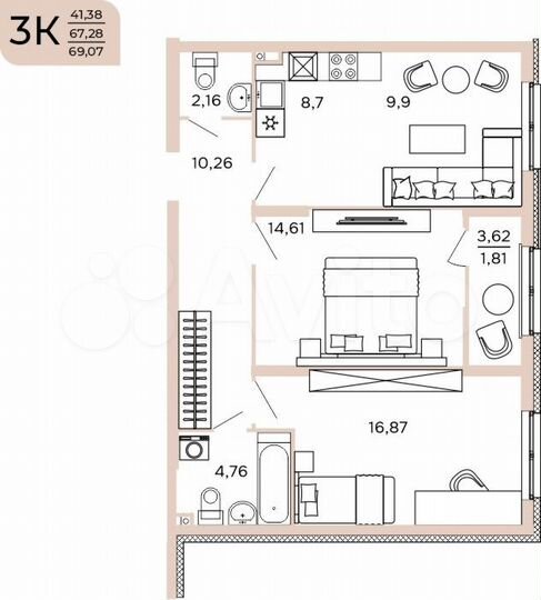 3-к. квартира, 69,1 м², 1/17 эт.