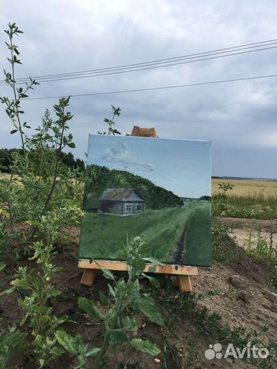 Картина маслом на холсте пейзаж дом лето небо