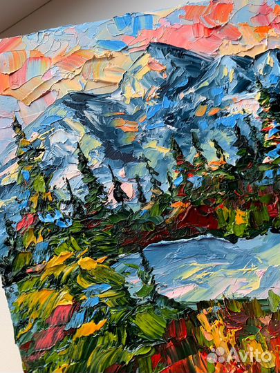 Картина маслом горная река пейзаж горы Домбай