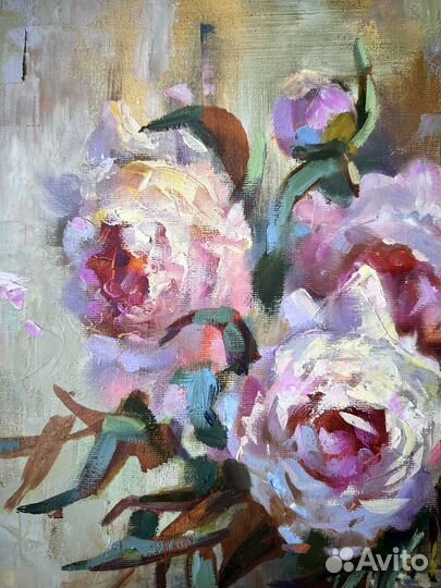 Картина маслом Пионы, букет в стеклянной вазе