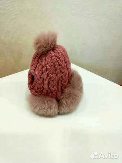 Шапка зимняя женская вязанная с мехом