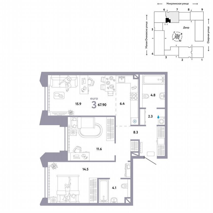 2-к. квартира, 67,9 м², 28/30 эт.