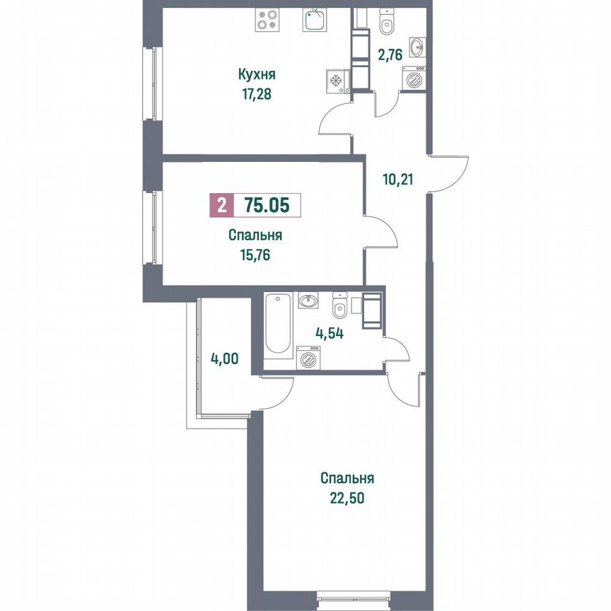 2-к. квартира, 75,1 м², 5/16 эт.