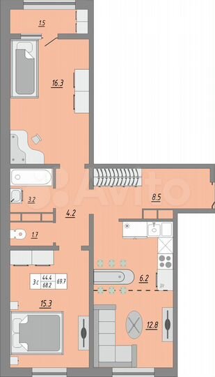 3-к. квартира, 69,7 м², 8/24 эт.
