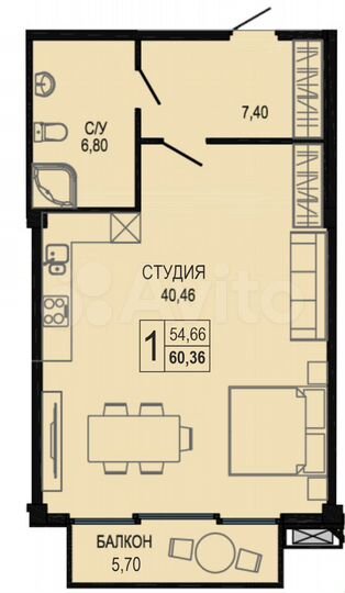 Апартаменты-студия, 60,4 м², 3/7 эт.