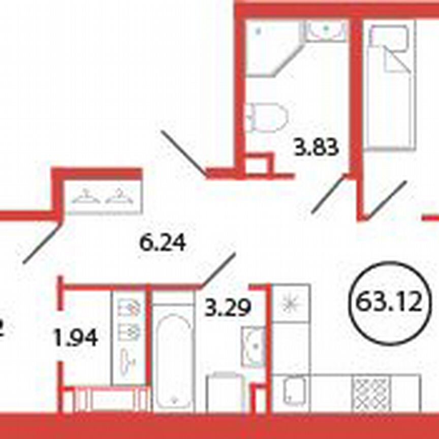 2-к. квартира, 63,1 м², 10/12 эт.