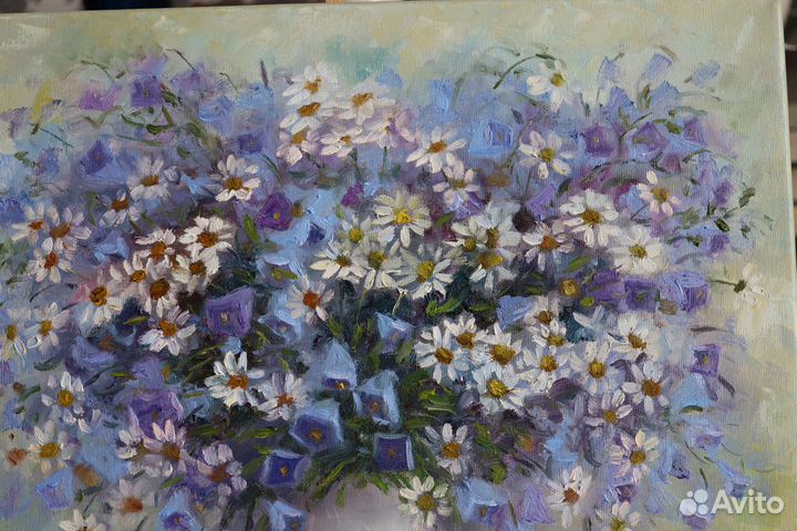 Картина маслом Колокольчики и Ромашки 40х50см
