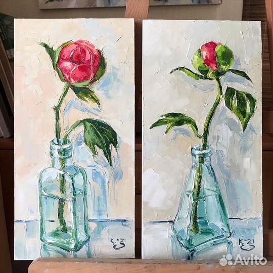 Картина маслом. Пион в стекле