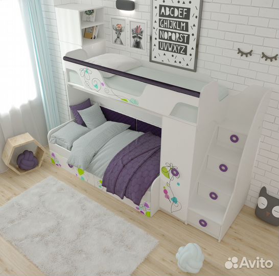 Кровать Цветы-4+кровать Цветы-6 New (правая/левая). Верх 190*80, низ 190*90