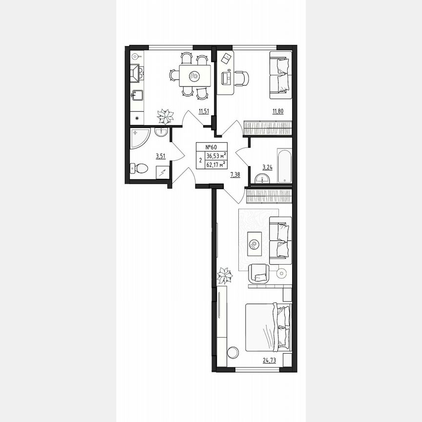 2-к. квартира, 62,2 м², 4/4 эт.