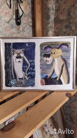 Акварель в рамке А4. Кот и Пёс