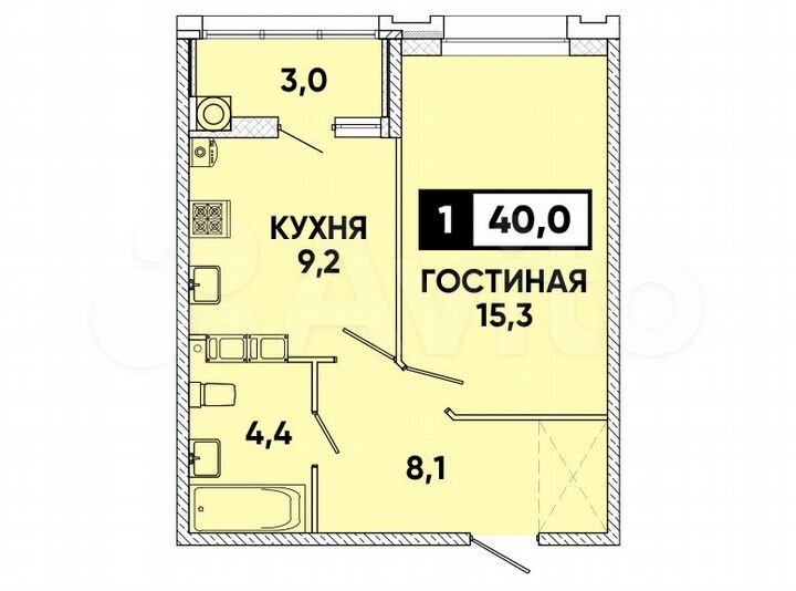 1-к. квартира, 40 м², 8/16 эт.
