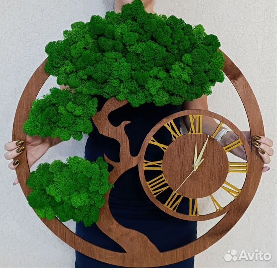 Панно часы стабилизированный мох