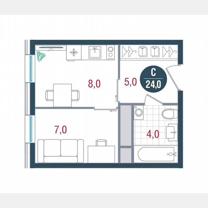 1-к. квартира, 24 м², 8/17 эт.