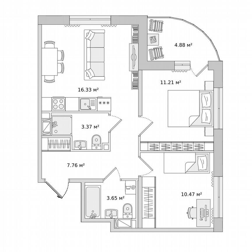 2-к. квартира, 57,7 м², 15/17 эт.