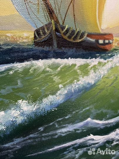 Картина маслом «море»парусник,закат