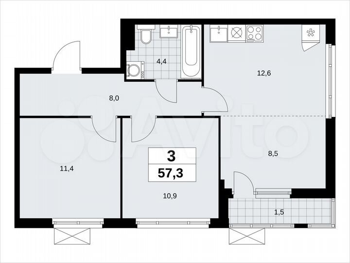 3-к. квартира, 57,3 м², 5/14 эт.