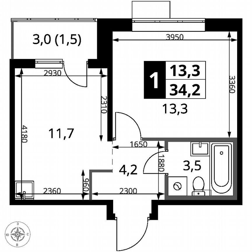 1-к. квартира, 34,2 м², 2/12 эт.