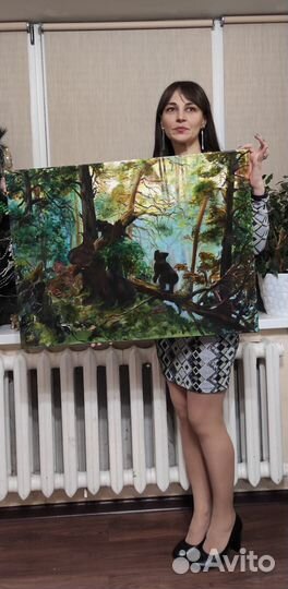 Картина маслом, лес, сосны, река, поляна, мишки, б