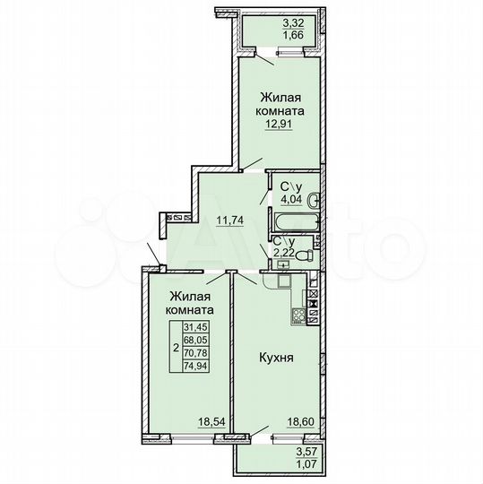 2-к. квартира, 70,8 м², 3/5 эт.