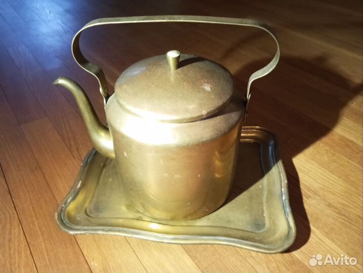 Антикварный латунный чайник с подносом 5 л