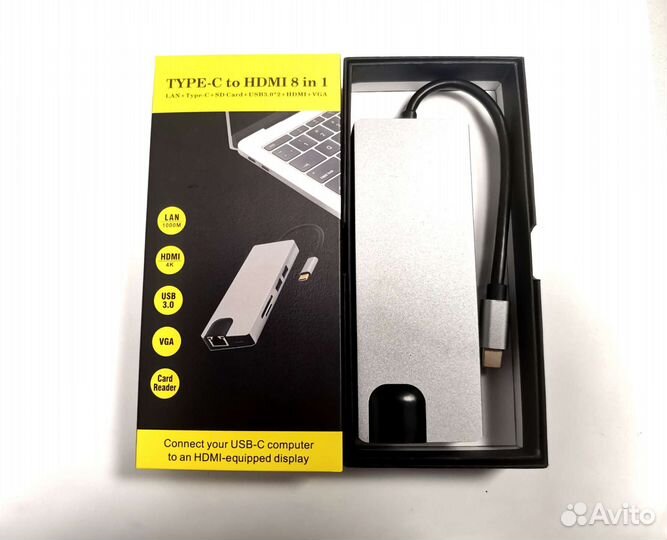 Док-станция USB-C хаб 8в1 4k hdmi USB 3.0 PD LAN