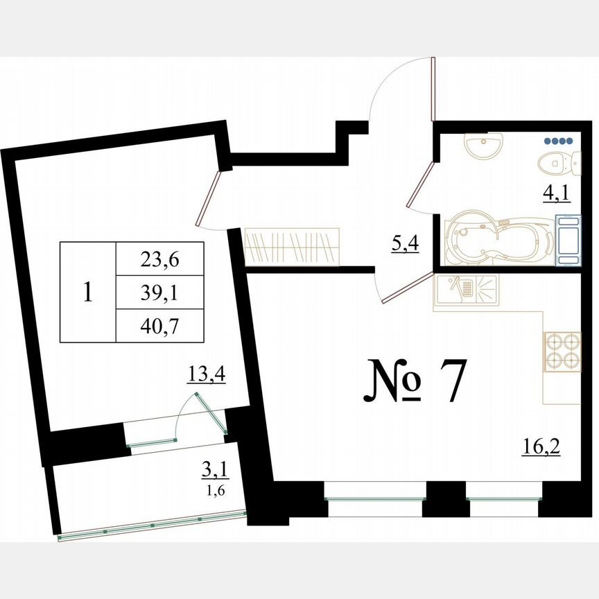 1-к. квартира, 40,7 м², 2/8 эт.
