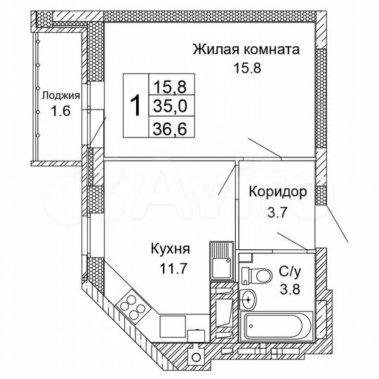 1-к. квартира, 36 м², 5/9 эт.