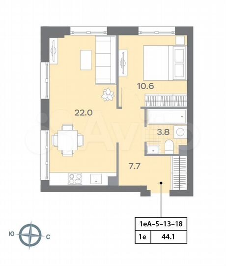 1-к. квартира, 44,1 м², 15/32 эт.