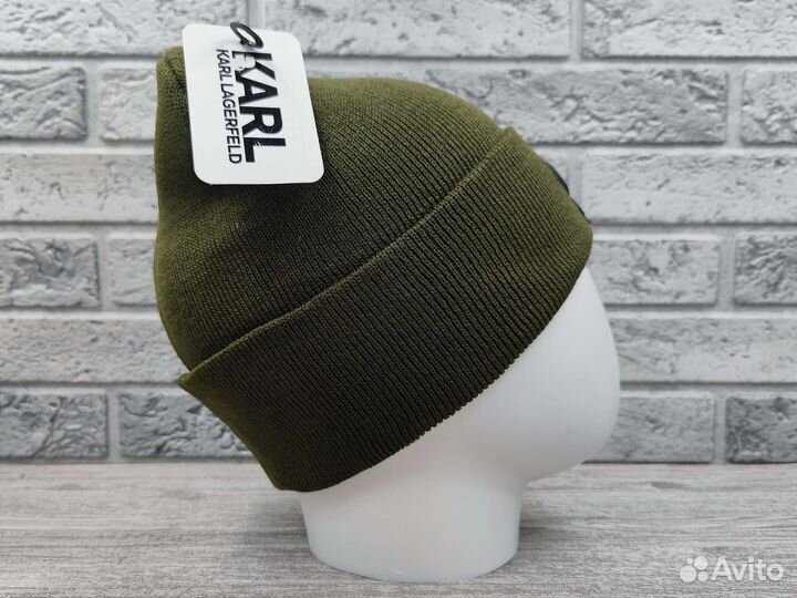 Шапка вязаная Karl lagerfeld хаки резиновый лого
