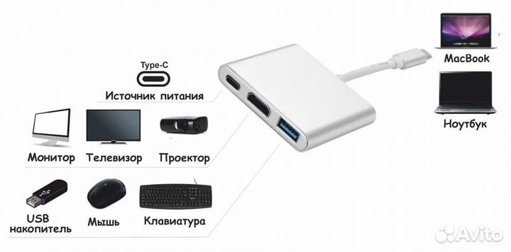 Переходник USB разветвитель Type-C 3в1