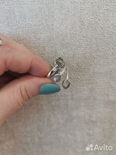 Пирит с алмазами херкимера кольцо в серебре 925