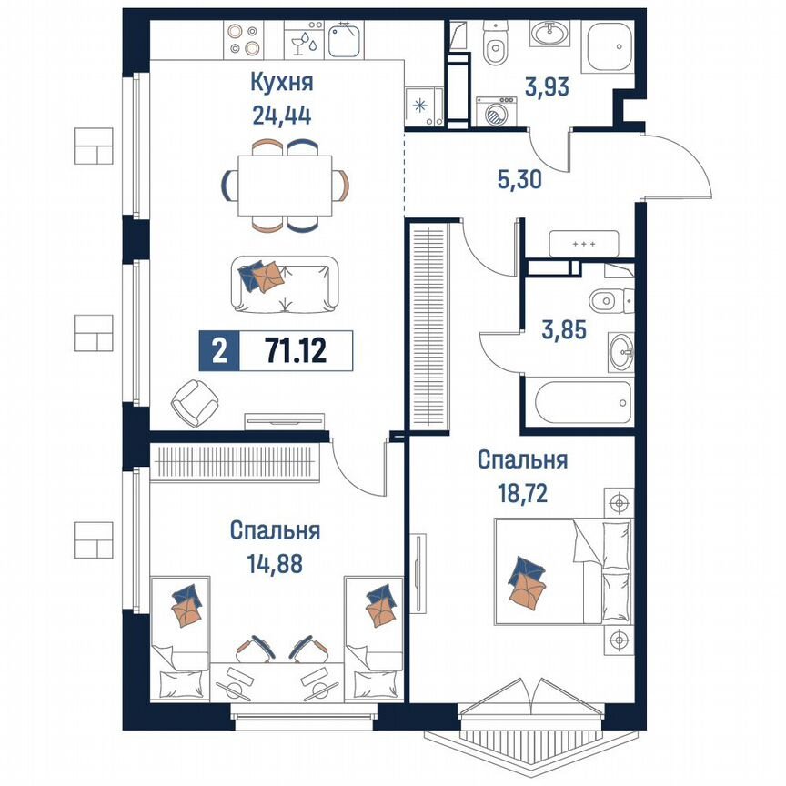 2-к. квартира, 71,1 м², 17/18 эт.