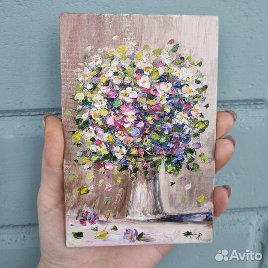 Миниатюра картина с цветами маслом натюрморт цветы