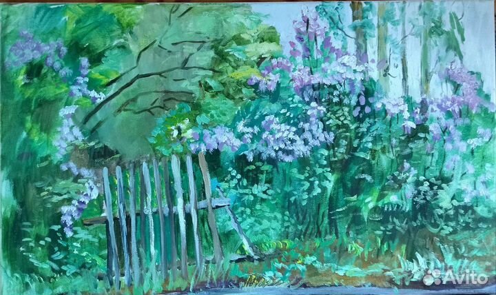 Картина маслом морской пейзаж, натюрморт, сирень