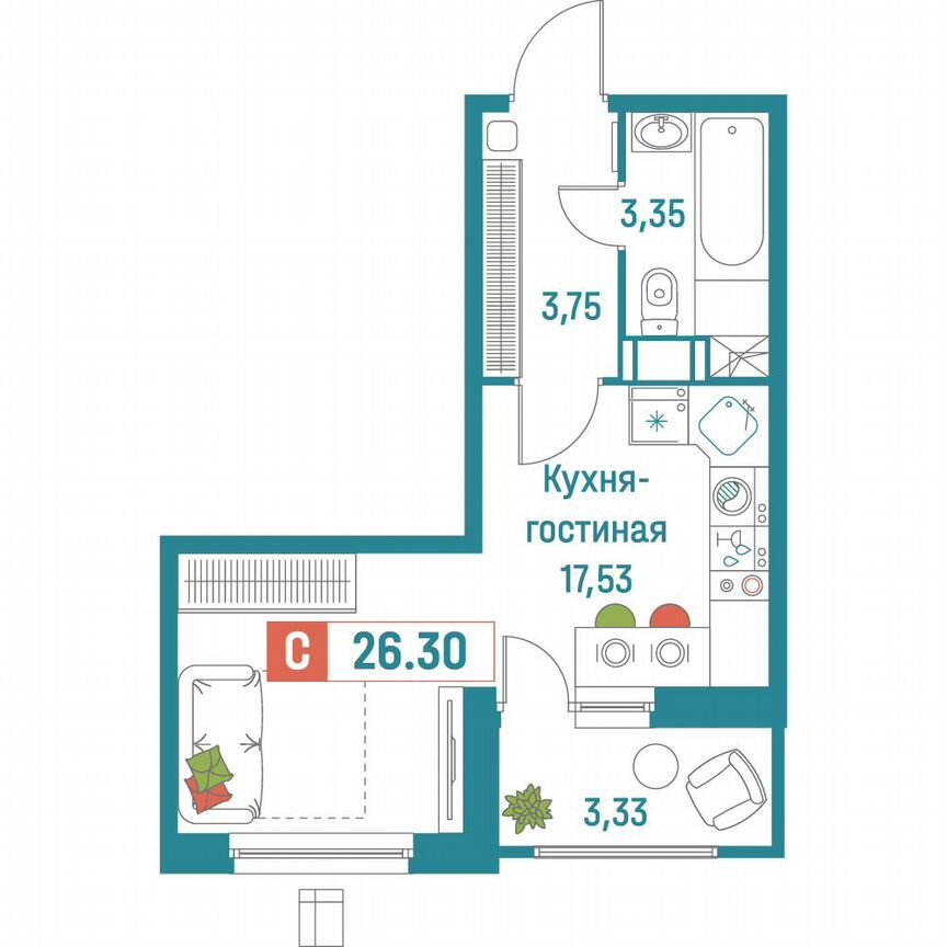 Квартира-студия, 26,3 м², 11/18 эт.