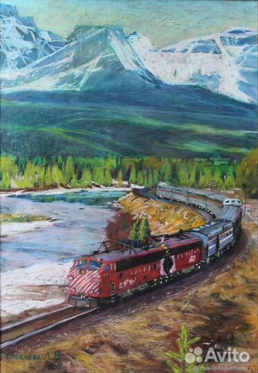 Пейзаж картина поезд железная дорога горы Канада