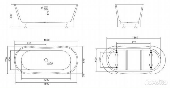 Ванна отдельностоящая акриловая BelBagno BB406, размер 165х73х60 см