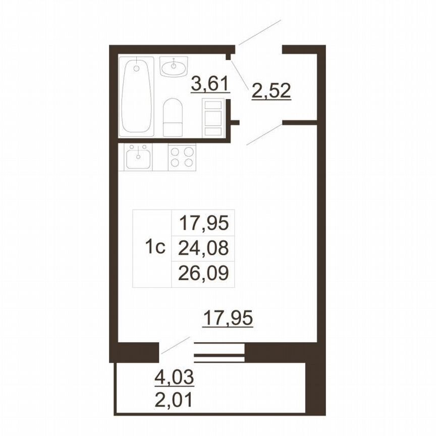 Квартира-студия, 26,1 м², 3/6 эт.