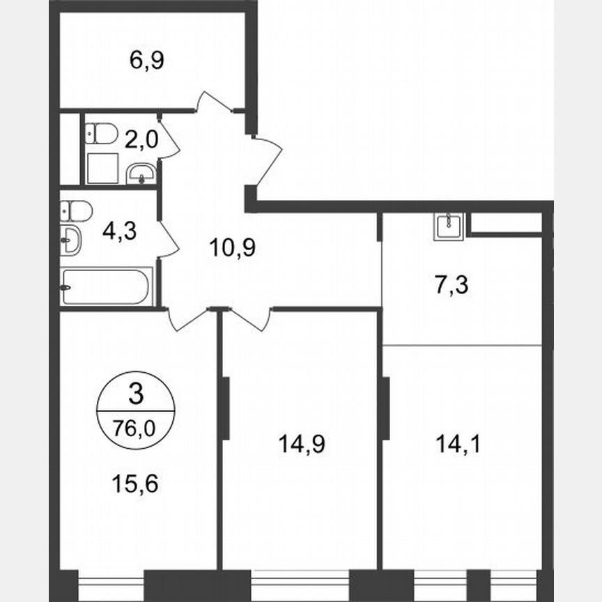 3-к. квартира, 76 м², 21/22 эт.