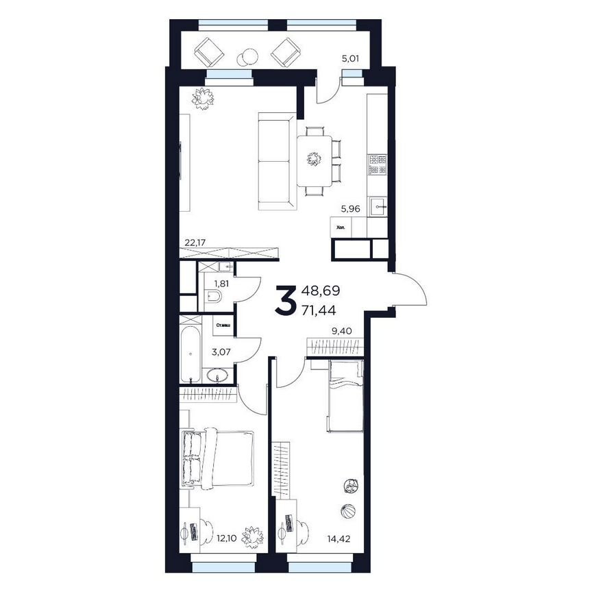 3-к. квартира, 71,4 м², 1/15 эт.