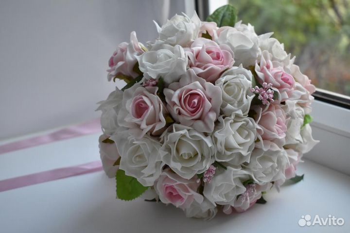 Искусственный свадебный букет + бутоньерка