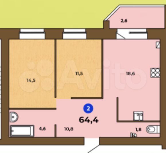 2-к. квартира, 64,4 м², 3/9 эт.